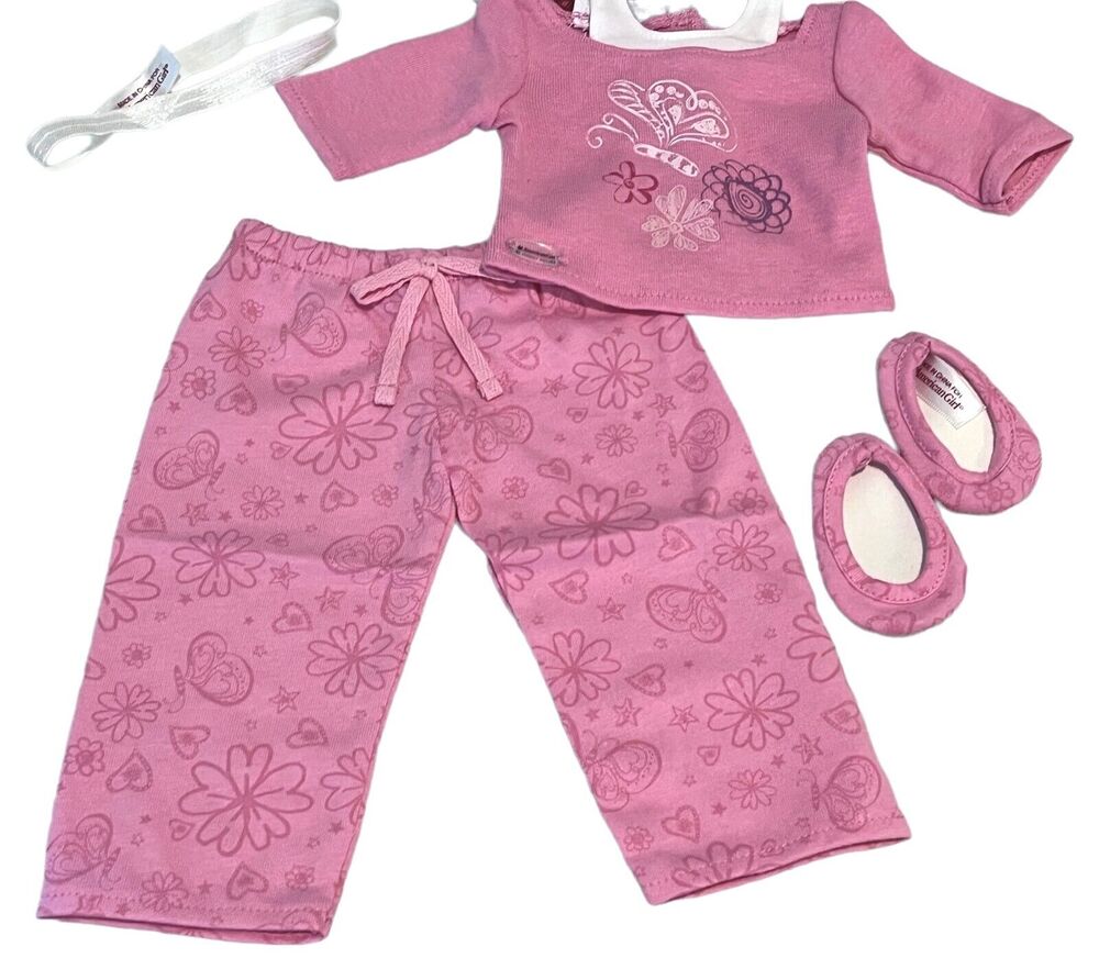 American Girl Doll Pajamas Pink Pjs Slippers Headband Long Sleeve Over Tank New